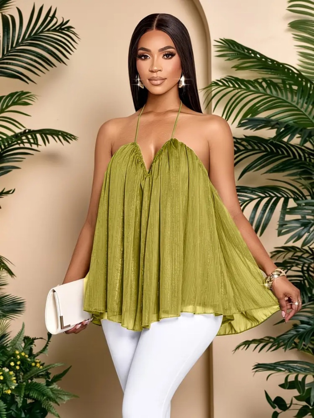 NWOT, Olive Green Halter Flowing Women's Top -Brand New